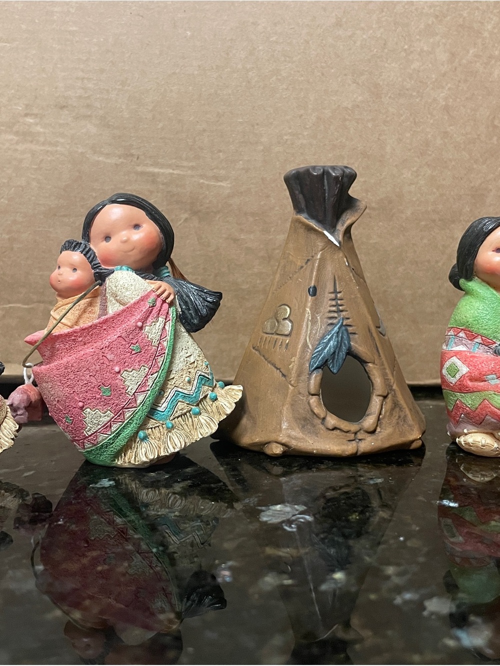Hand-Painted Native-Inspired Ceramic Figurine Set with Teepee - Pink & Green